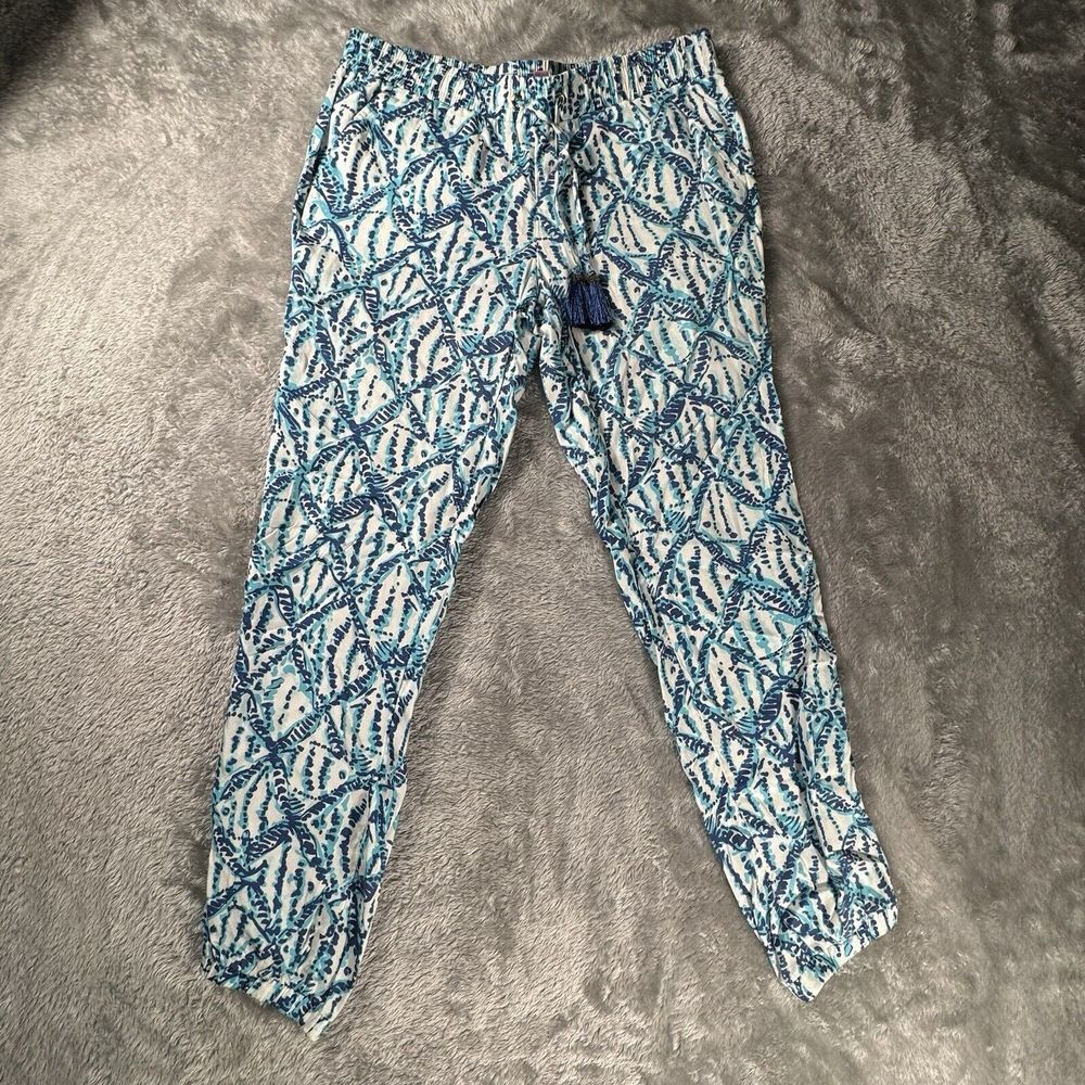 Lilly Pulitzer XS ISLAND JOGGER PANTS Blue Turquoise Tropical Pull On Tassel